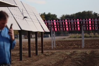 Tilted and vertically mounted solar panel arrays at the agrivoltaics research site.